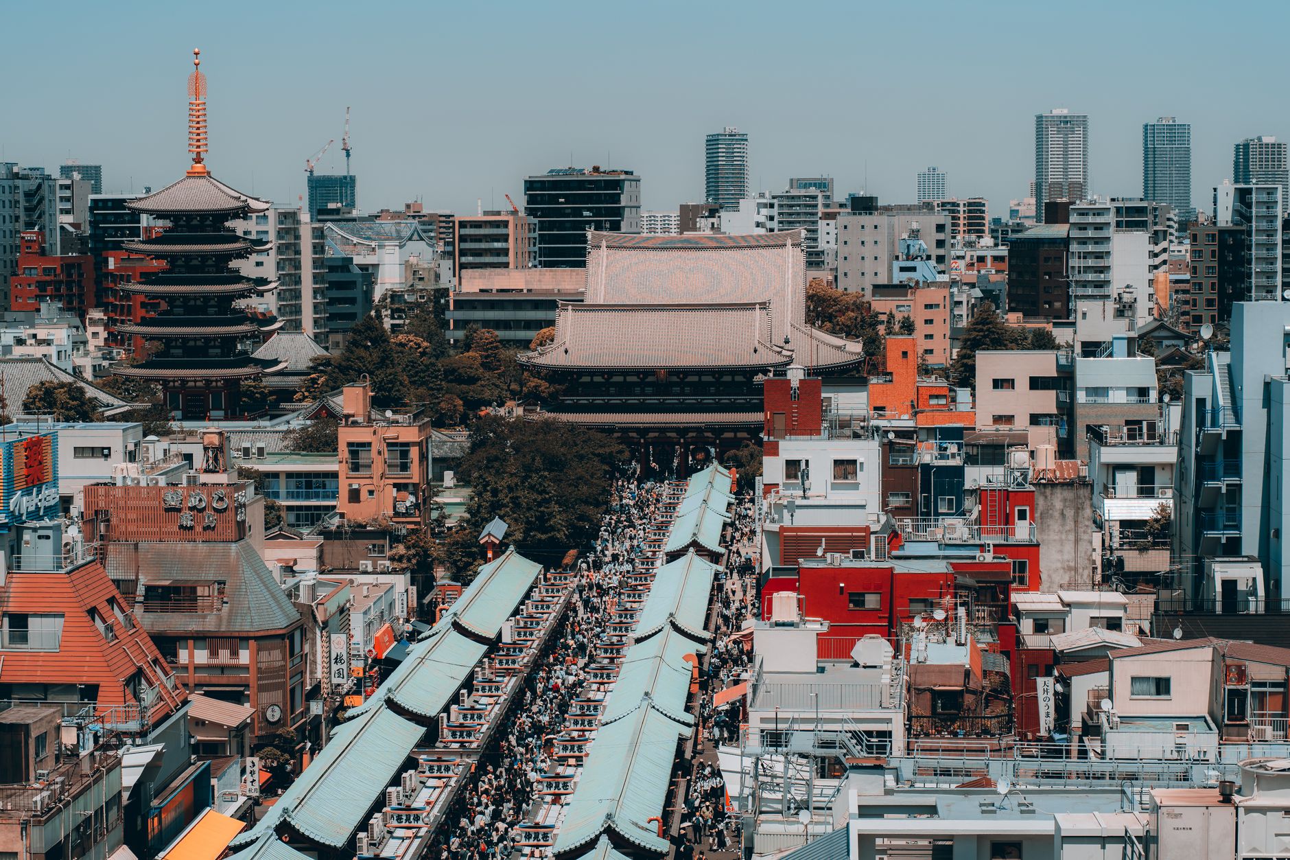 Aerial view of Nakamise shopping street leading to Senso-ji Temple and its five-story pagoda in Asakusa, Tokyo