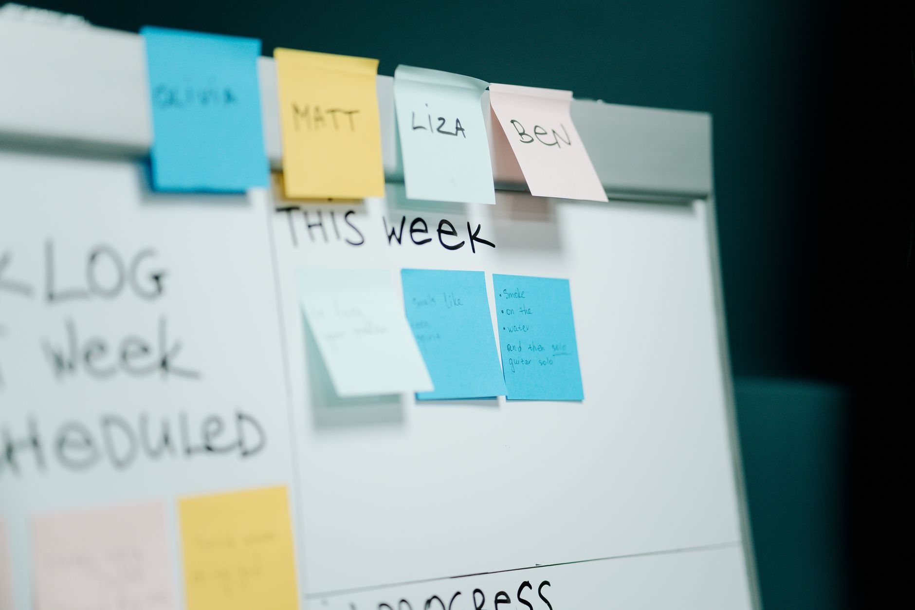 A team mapping a sales process on a whiteboard with cards