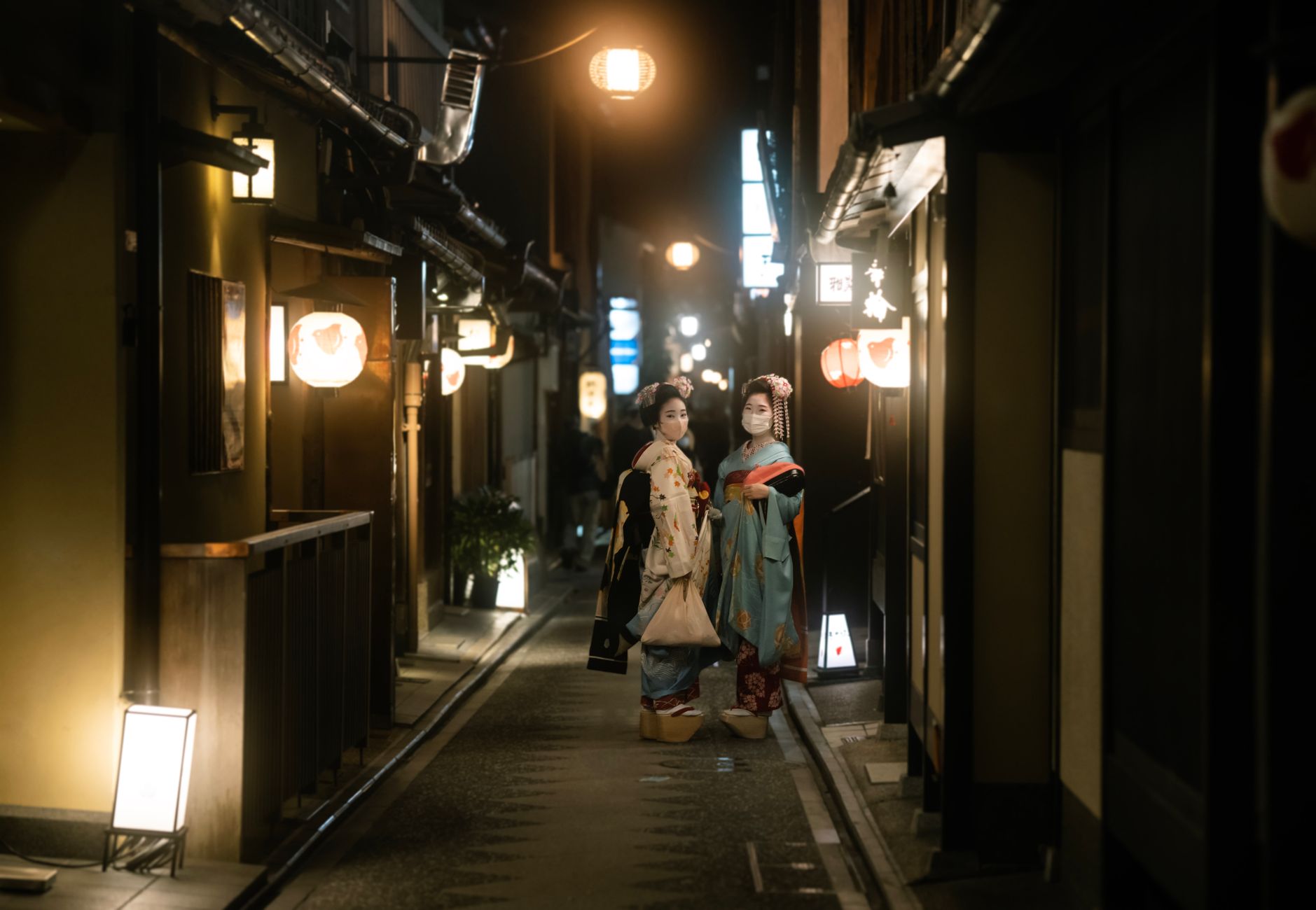 A lantern-lit traditional street in Gion, part of Kyoto's Higashiyama district