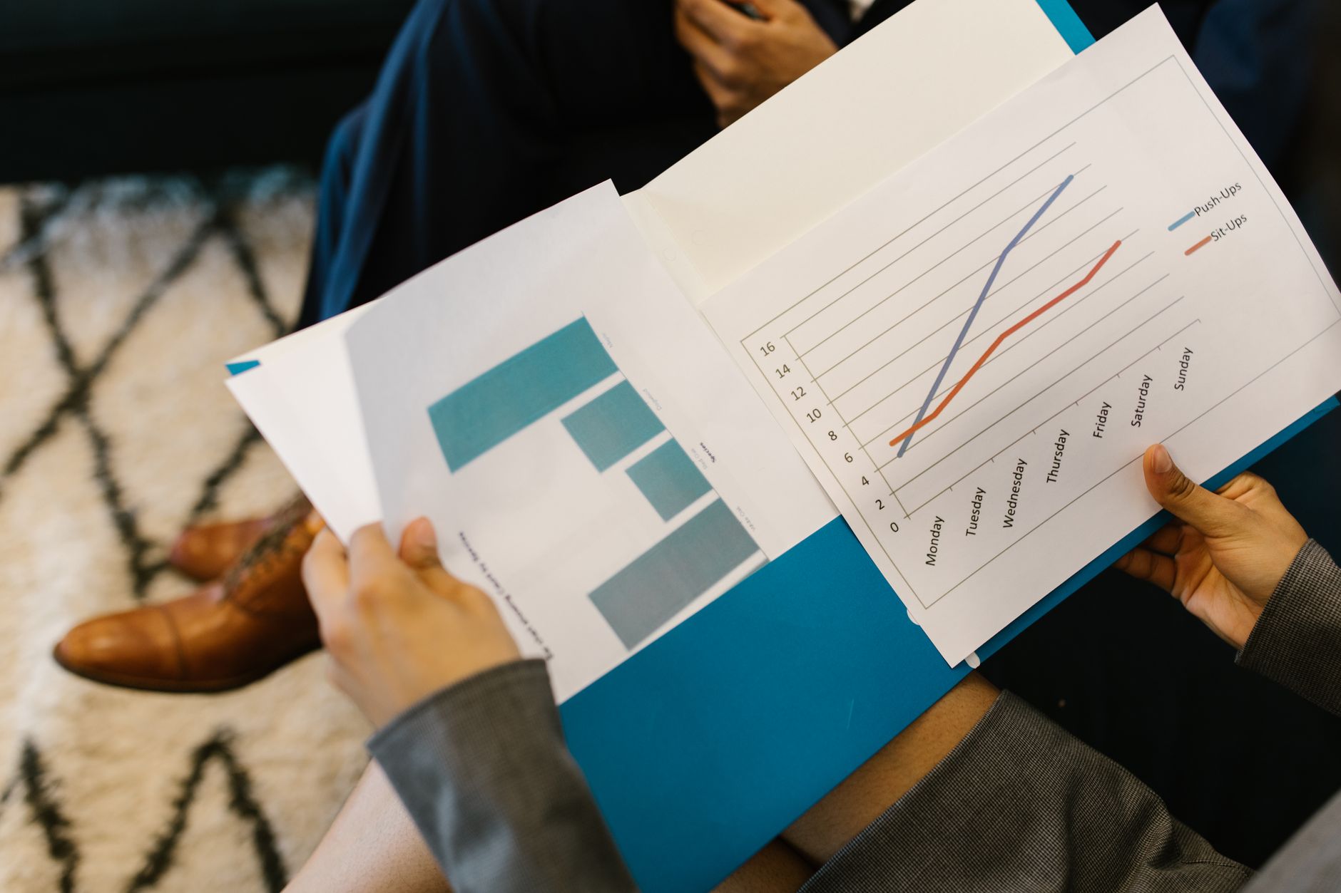 A business team reviewing performance reports in a meeting